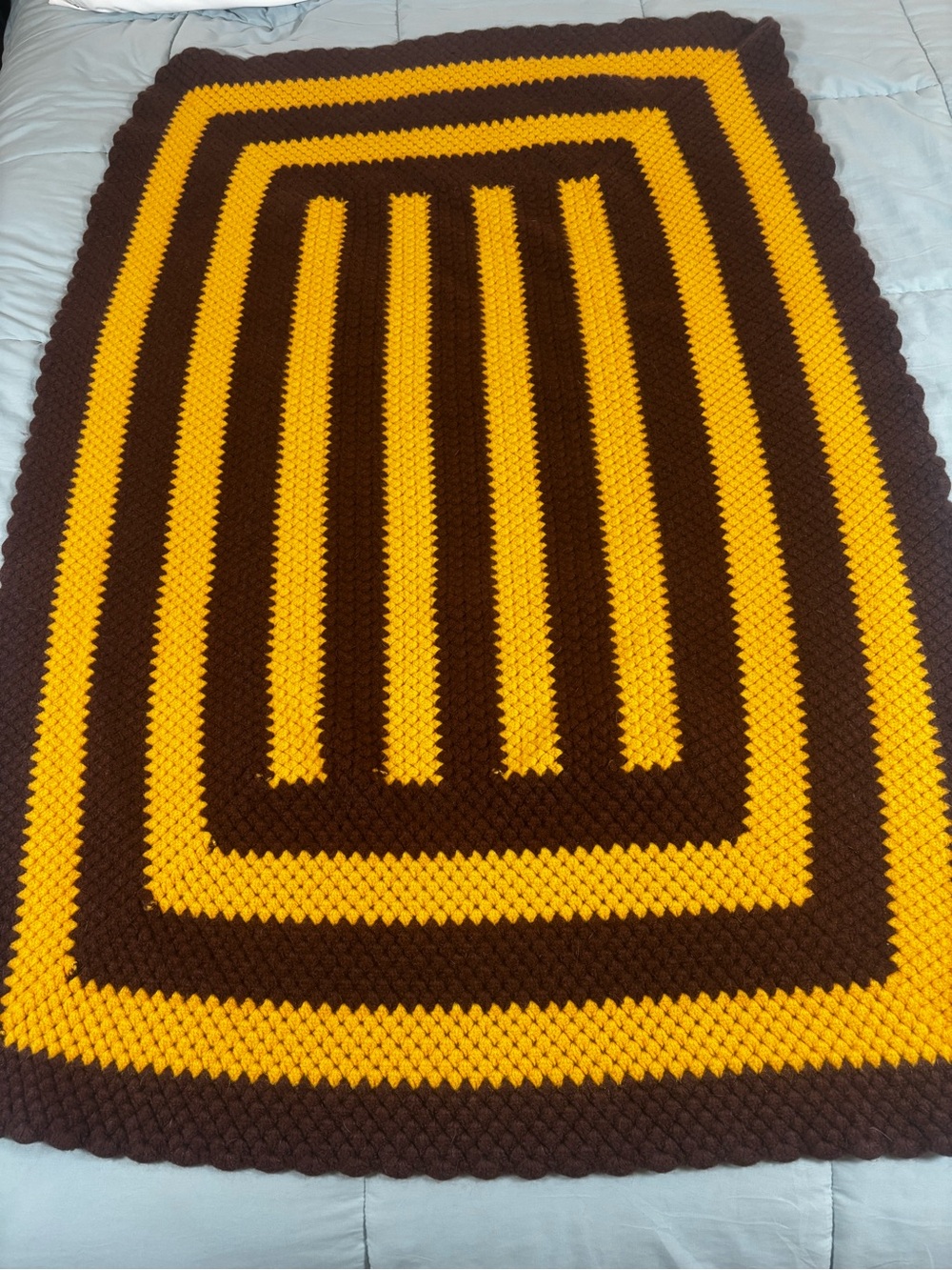 Hand Crochet Blanket Yellow/Gold & Dk Brown. ~38”x56” Grandma Cottage Retro Fall